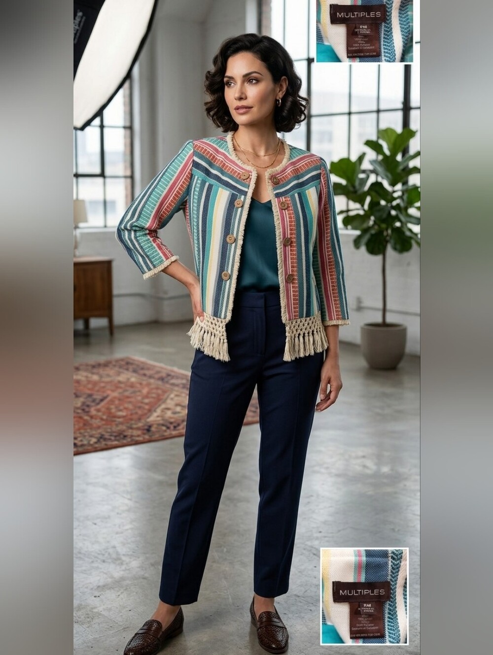 Multiples Women’s PM Boho Striped Patchwork Fringe Trim Blazer Jacket NWOT
